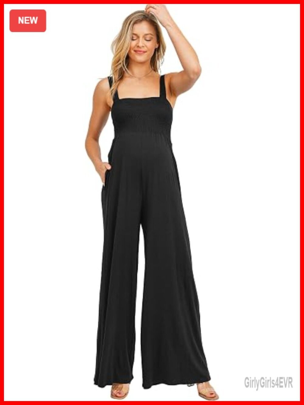 Maternity Sleeveless Jumpsuit Romper with Smocked Neck and Pockets